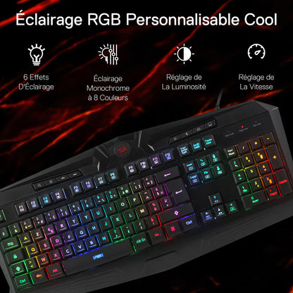 Redragon K503 AZERTY Wired Gaming Keyboard, RGB LED Backlight, Multimedia Keys, Silent Membrane Keyboard with Wrist Rest for Windows PC (Black)