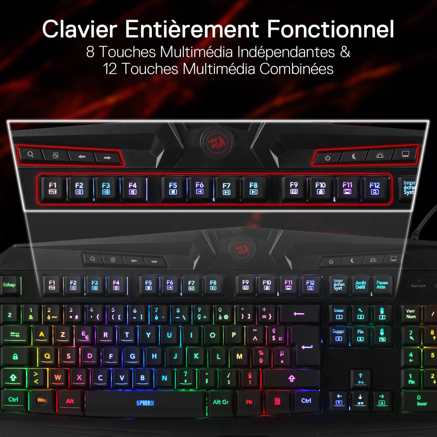Redragon K503 AZERTY Wired Gaming Keyboard, RGB LED Backlight, Multimedia Keys, Silent Membrane Keyboard with Wrist Rest for Windows PC (Black)