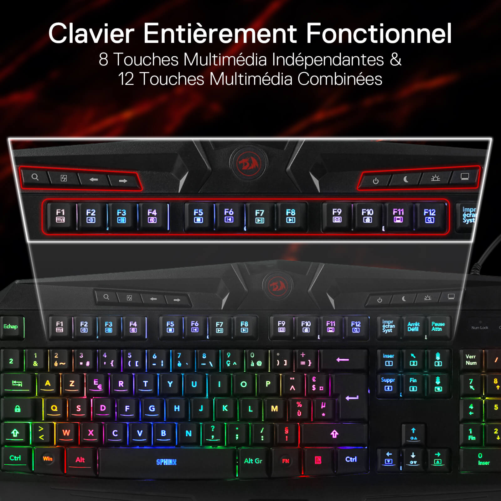 Redragon K503 AZERTY Wired Gaming Keyboard, RGB LED Backlight, Multimedia Keys, Silent Membrane Keyboard with Wrist Rest for Windows PC (Black)
