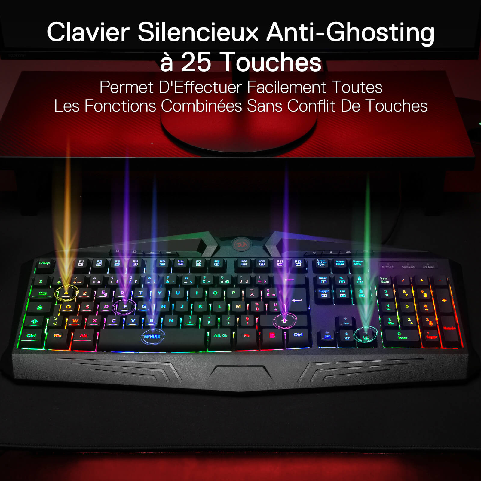 Gaming keyboard with RGB lighting on a dark background