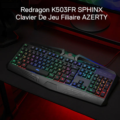 Redragon K503FR SPHINX gaming keyboard with RGB lighting on a dark surface.
