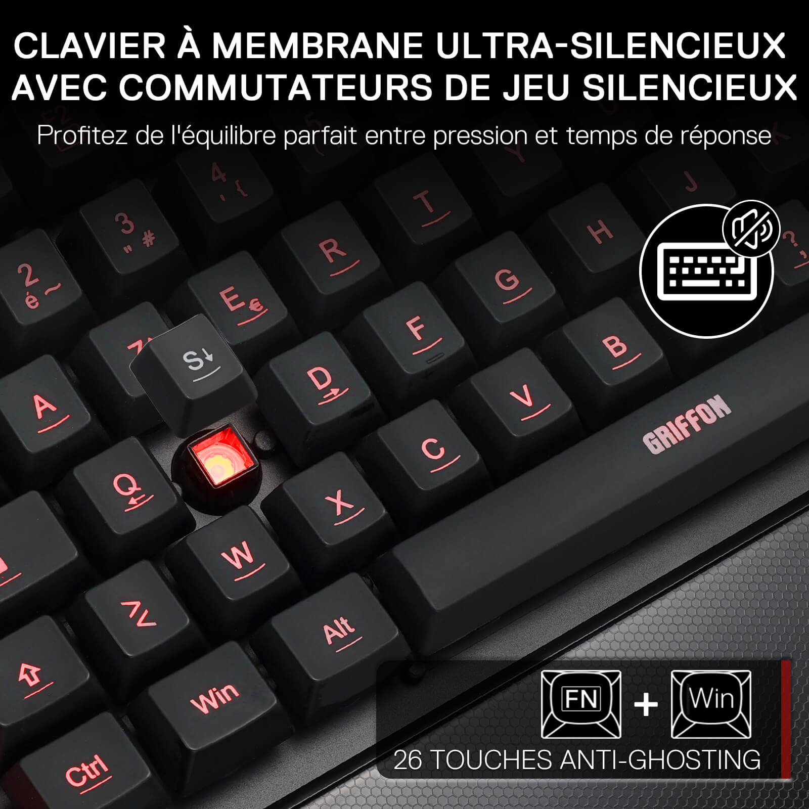 Mechanical keyboard with silent switches and Griffon branding on a dark background