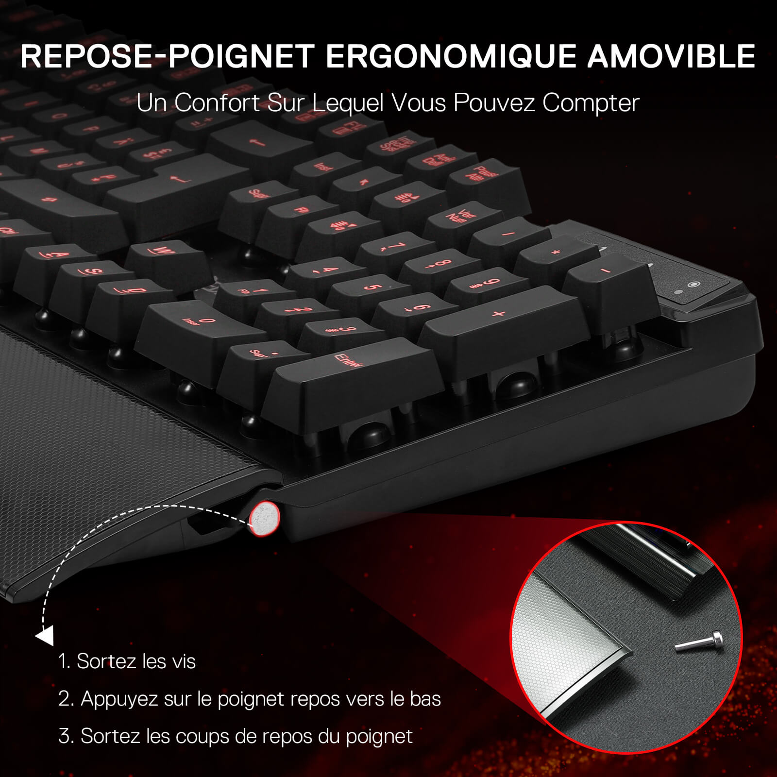 Black ergonomic keyboard with detachable wrist rest on a dark background