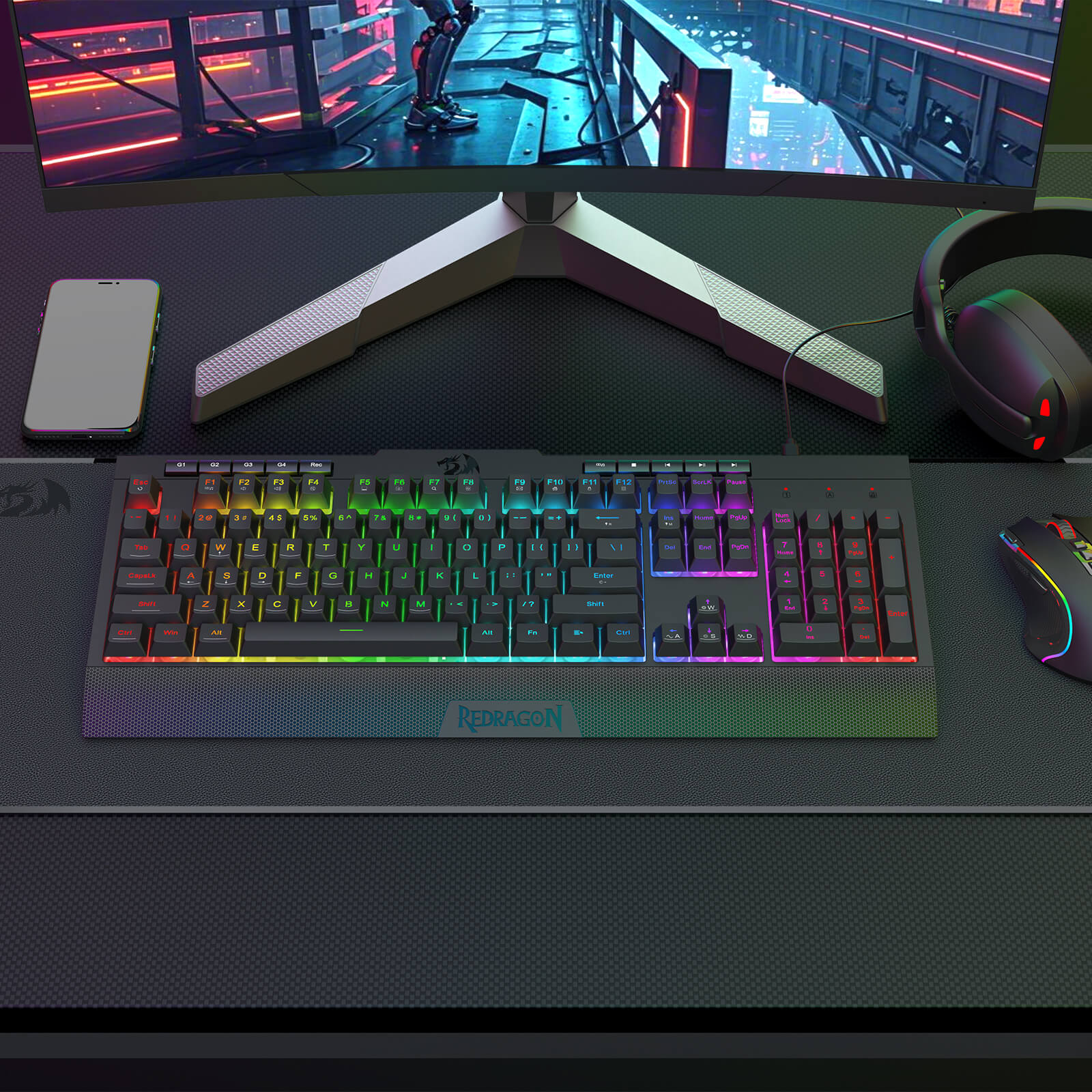 Redragon K525 RGB Backlit Membrane Gaming Keyboard with Multimedia Keys, Linear Mechanical-Feel Switch, 4 Extra On-Board Macro Keys, Dedicated Media Control, Detachable Wrist Rest