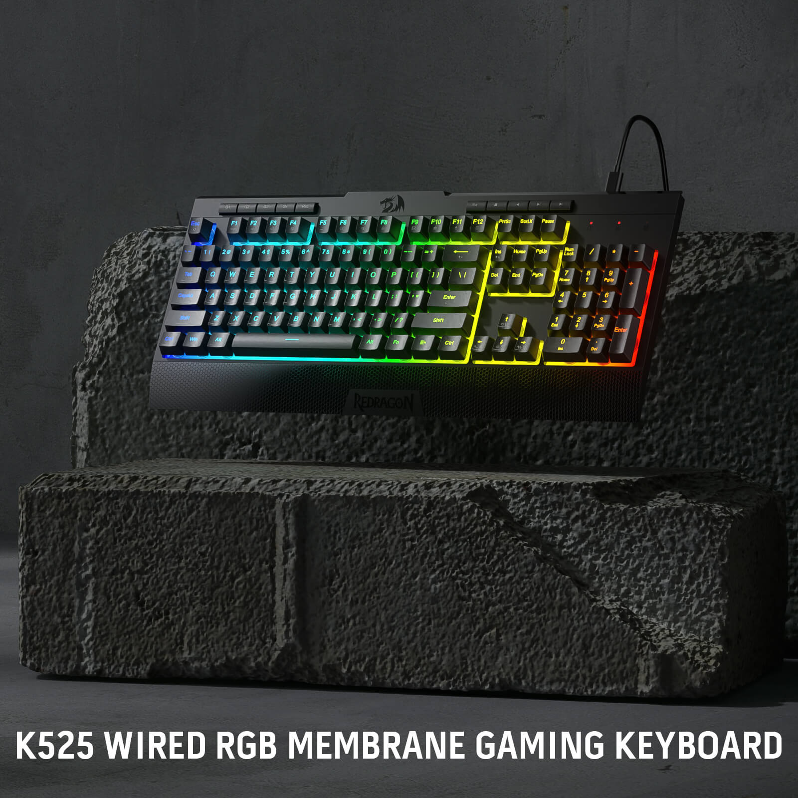 Redragon K525 Gaming keyboard with RGB lighting on a textured black surface