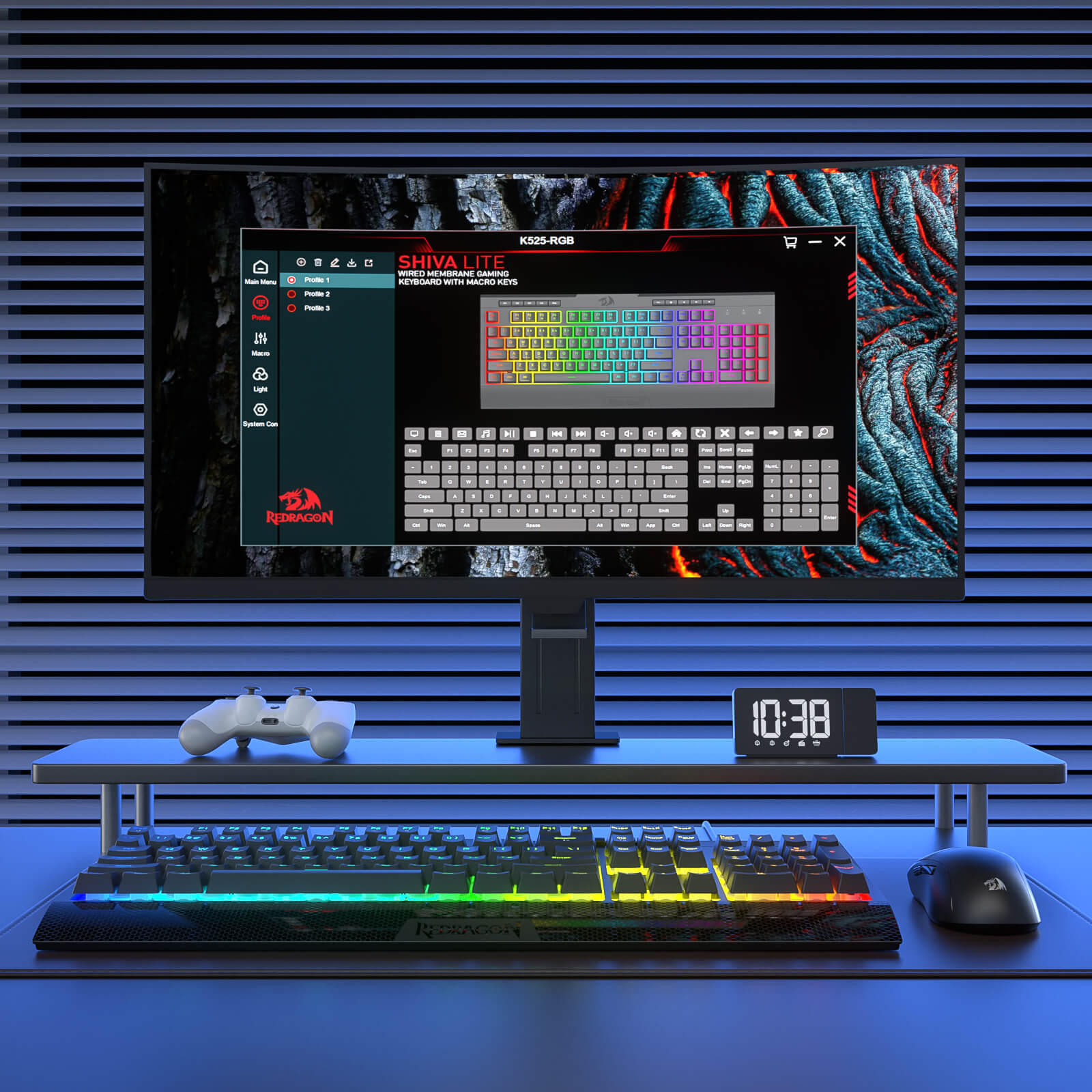Computer setup with monitor, keyboard, mouse, and clock on a desk.