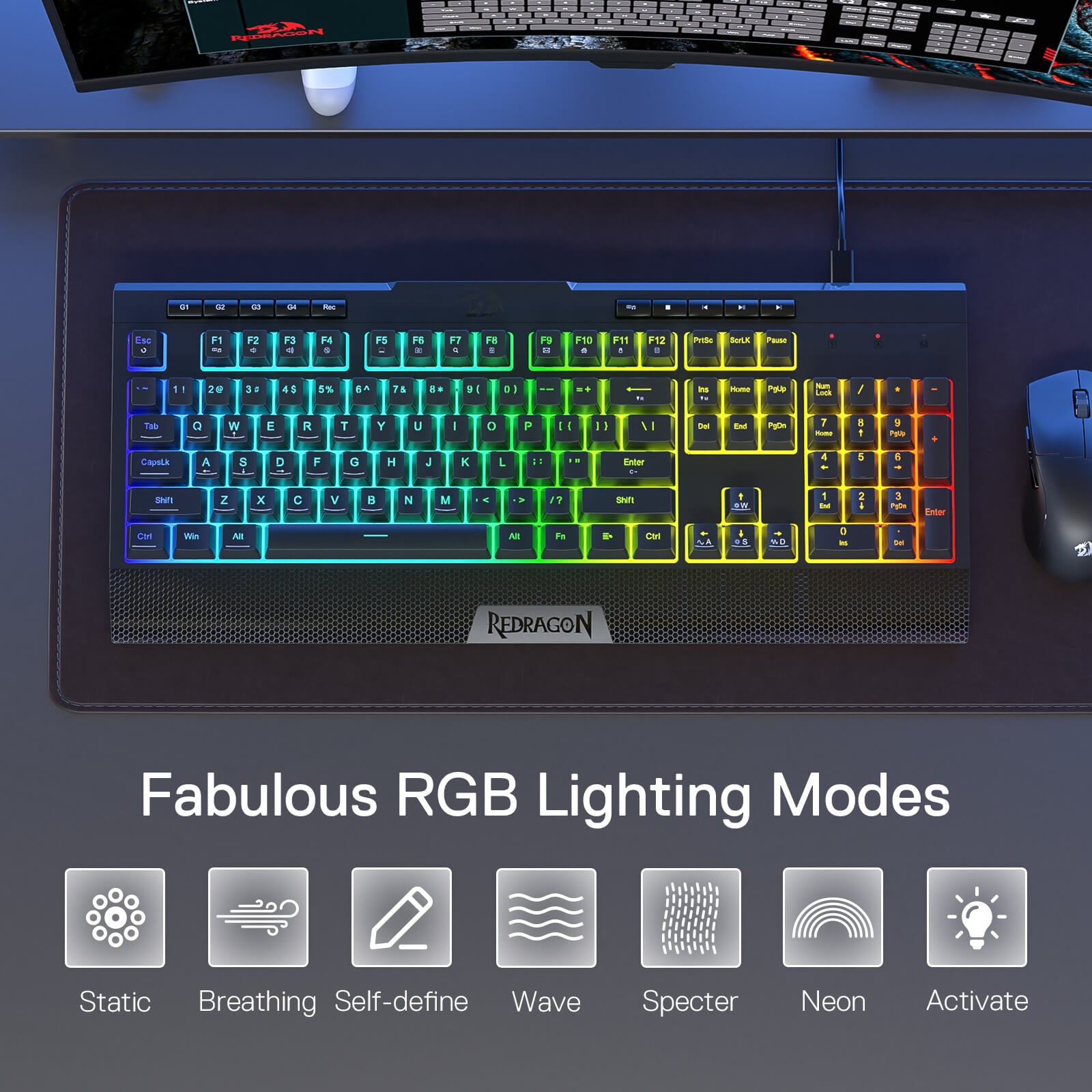 Redragon K525 Wired Gaming keyboard with RGB lighting on a desk setup, featuring Redragon brand.