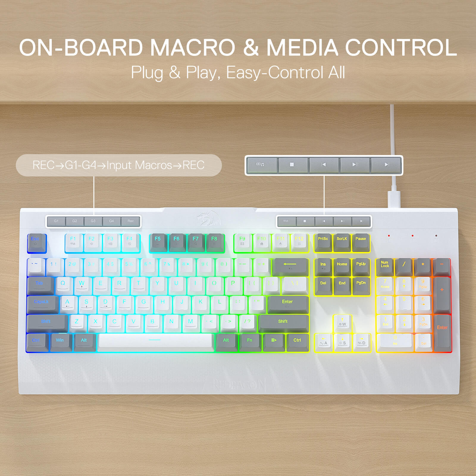 Redragon K525 Wired Membrane Keyboard with on-board macro and media control features on a wooden surface