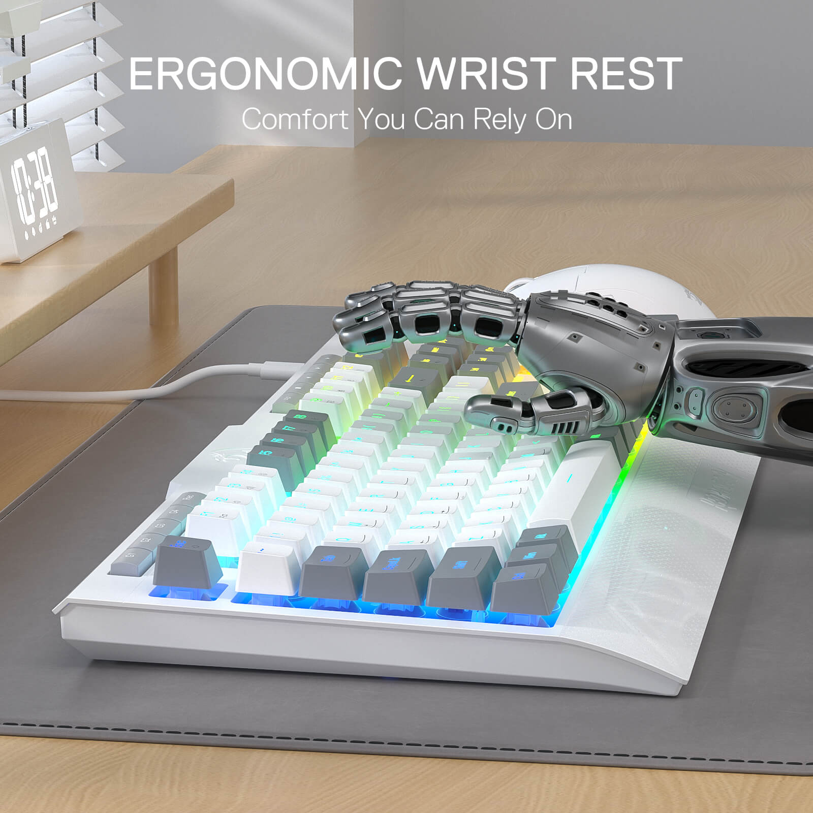 Ergonomic wrist rest on a keyboard with a futuristic design, placed on a desk.
