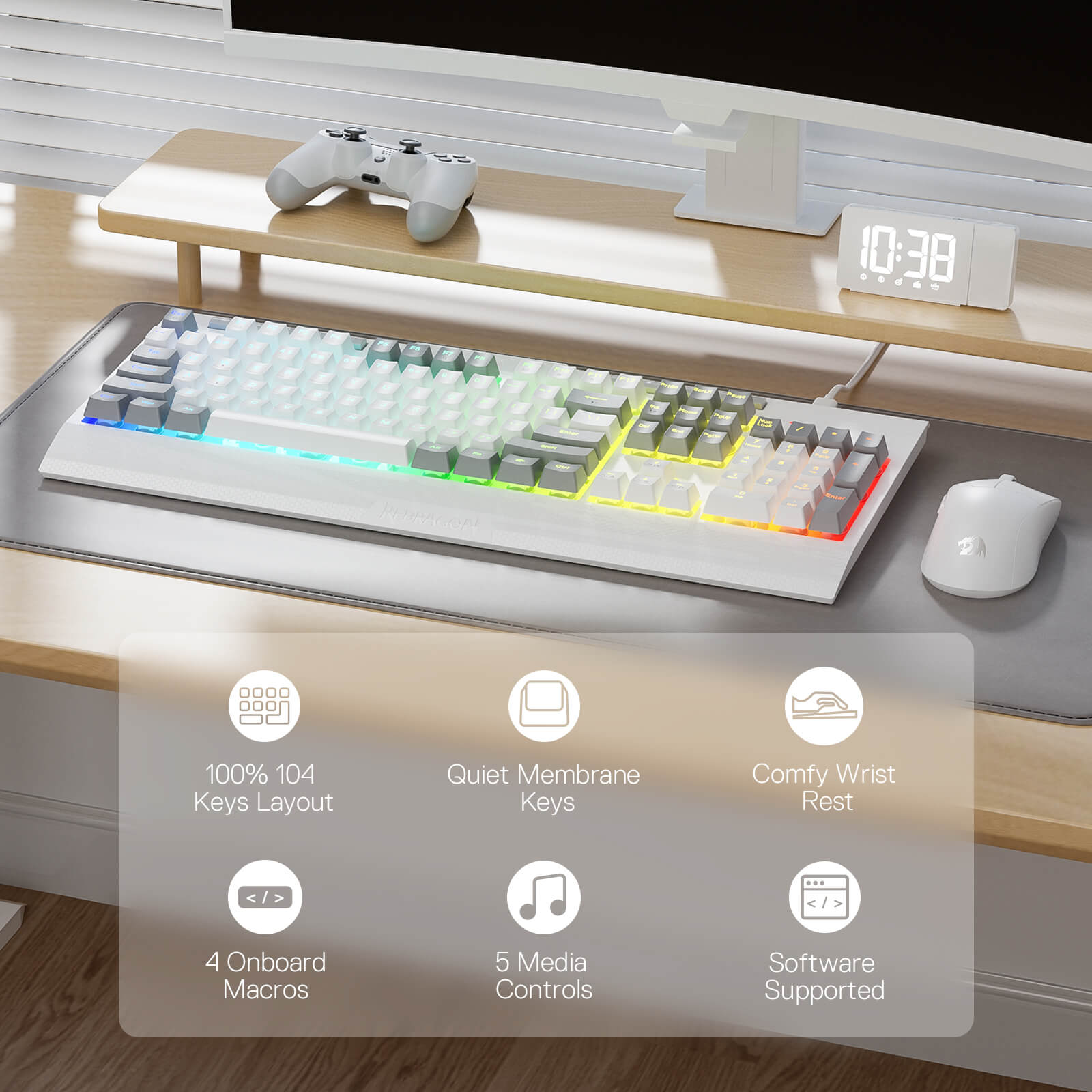 Redragon K525 Keyboard on a desk with a monitor, clock, and mouse, featuring text about keyboard features.