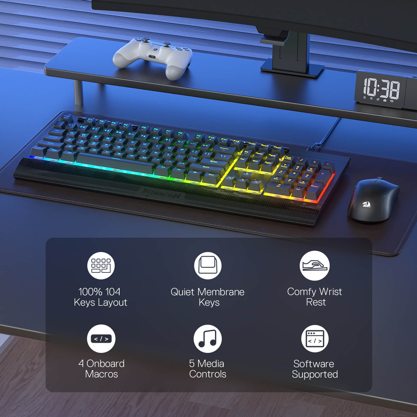 Redragon K525 Gaming keyboard and mouse setup on a desk with RGB lighting, featuring product features.