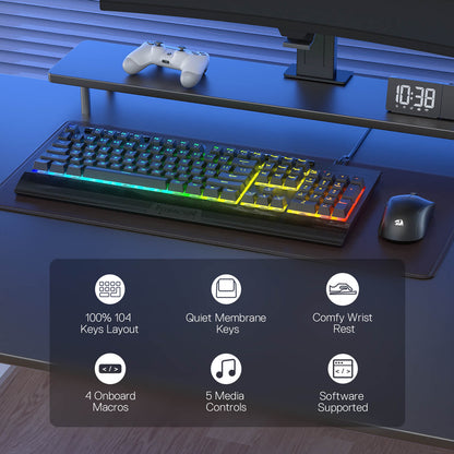 Redragon K525 Gaming keyboard and mouse setup on a desk with RGB lighting, featuring product features.