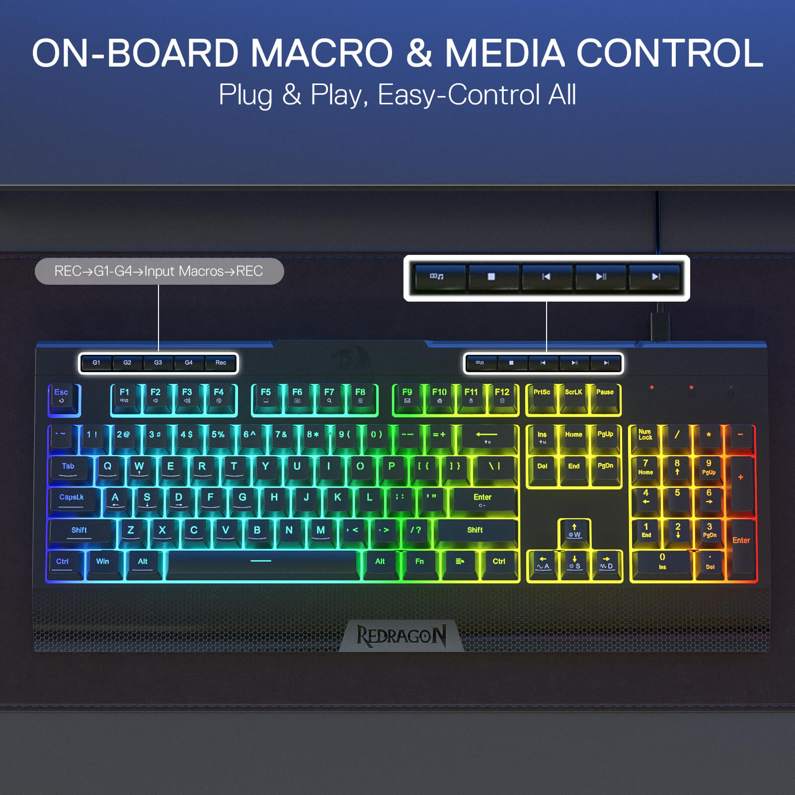 Gaming keyboard with 4 on board macro and control panel on a dark background