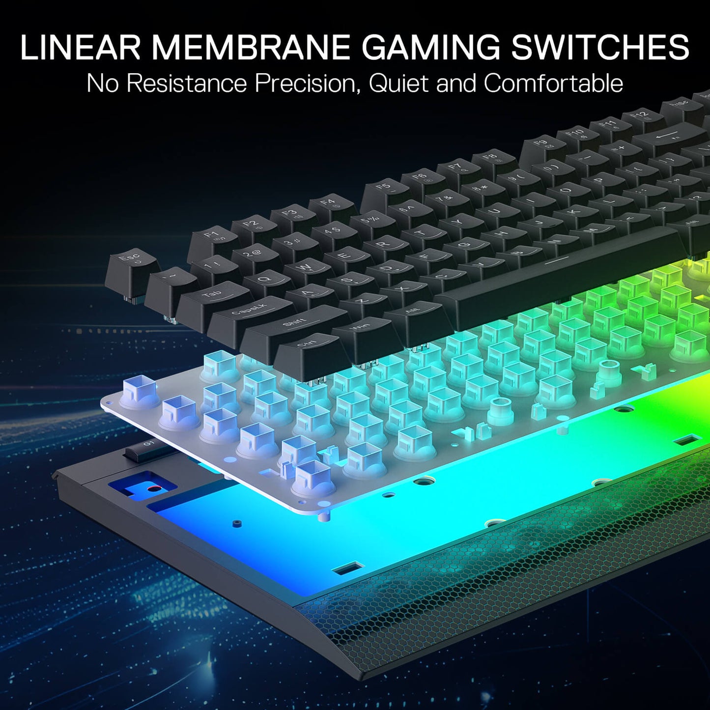 Redragon K525 Gaming keyboard with linear membrane switches on a dark background