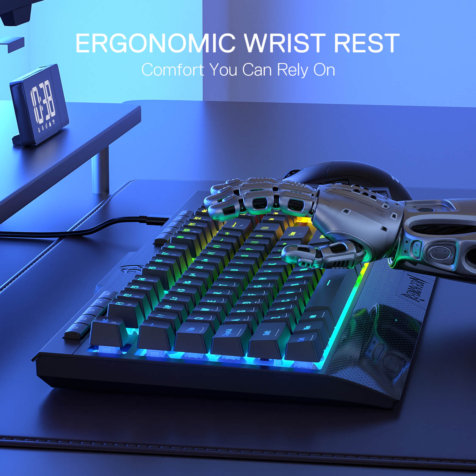 Ergonomic wrist rest on a desk with keyboard and mouse, featuring text 'Ergonomic Wrist Rest' and 'Comfort You Can Rely On'.