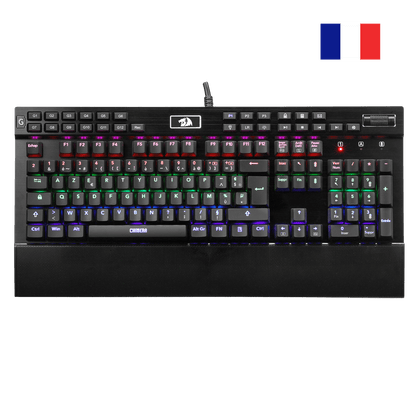 Redragon K550 RGB AZERTY Gaming Keyboard, 104 Keys + 12 Macro G Keys, Wired Mechanical Keyboard, Aluminium Top Plate, Purple Clickable Switch, 2 USB Ports, Wrist Rest, Black