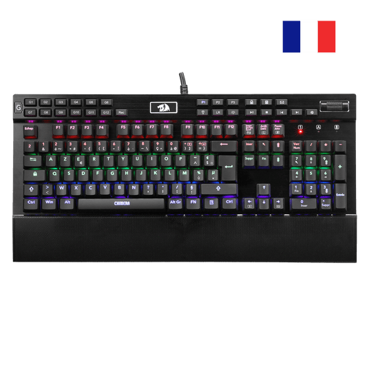 Redragon K550 RGB AZERTY Gaming Keyboard, 104 Keys + 12 Macro G Keys, Wired Mechanical Keyboard, Aluminium Top Plate, Purple Clickable Switch, 2 USB Ports, Wrist Rest, Black