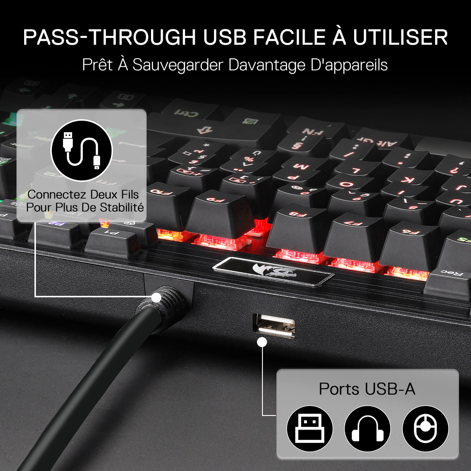 Mechanical keyboard with USB cable connection on a dark background