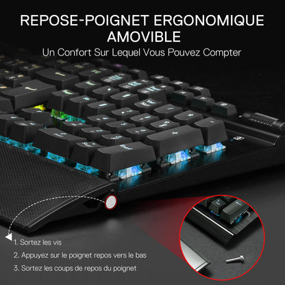 Mechanical keyboard with an adjustable wrist rest on a dark background