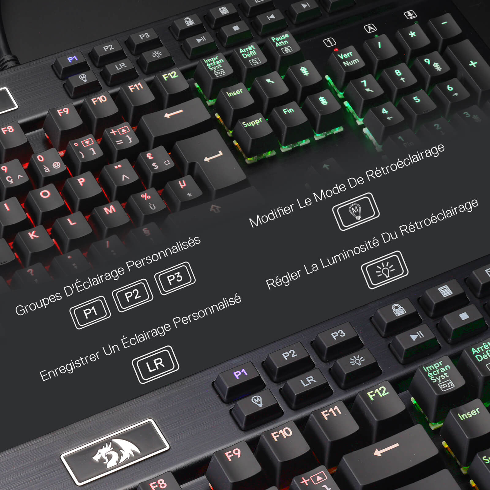 Close-up of a mechanical keyboard with customizable lighting options displayed.