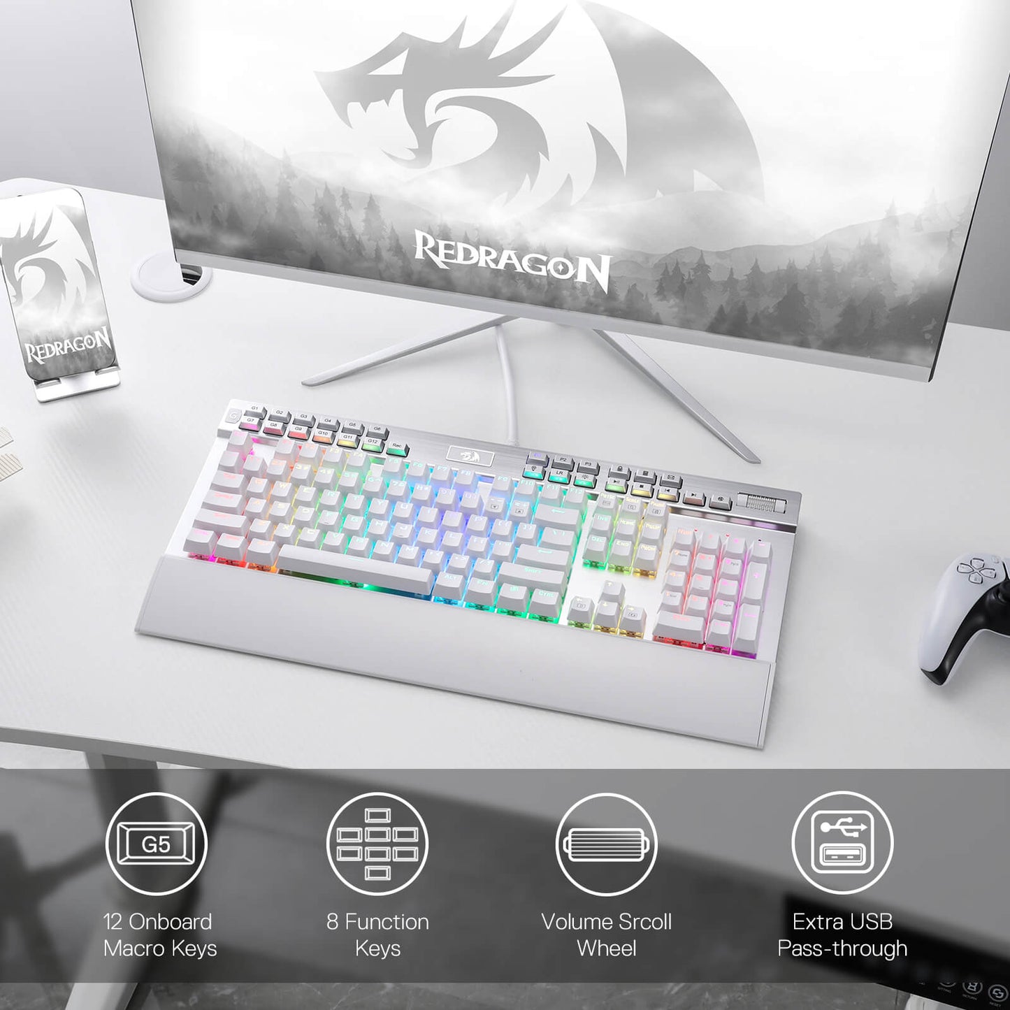 Redragon K550 RGB Gaming Keyboard, 104 Keys + 12 Macro G Keys Wired Mechanical Keyboard w/Aluminum Top Plate, Custom Clicky Purple Switch, Extra USB Port & Wrist Rest