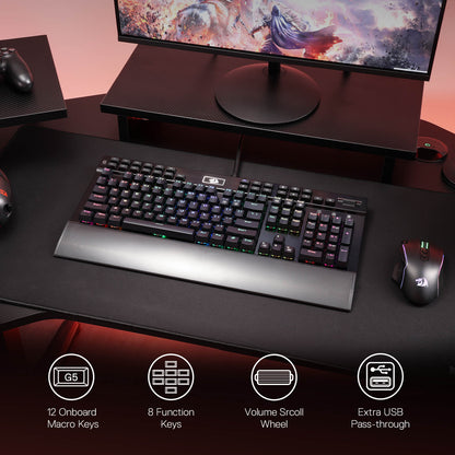 Redragon K550 RGB Gaming Keyboard, 104 Keys + 12 Macro G Keys Wired Mechanical Keyboard w/Aluminum Top Plate, Custom Clicky Purple Switch, Extra USB Port & Wrist Rest