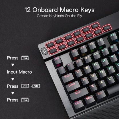 Redragon K550 RGB Gaming Keyboard, 104 Keys + 12 Macro G Keys Wired Mechanical Keyboard w/Aluminum Top Plate, Custom Clicky Purple Switch, Extra USB Port & Wrist Rest