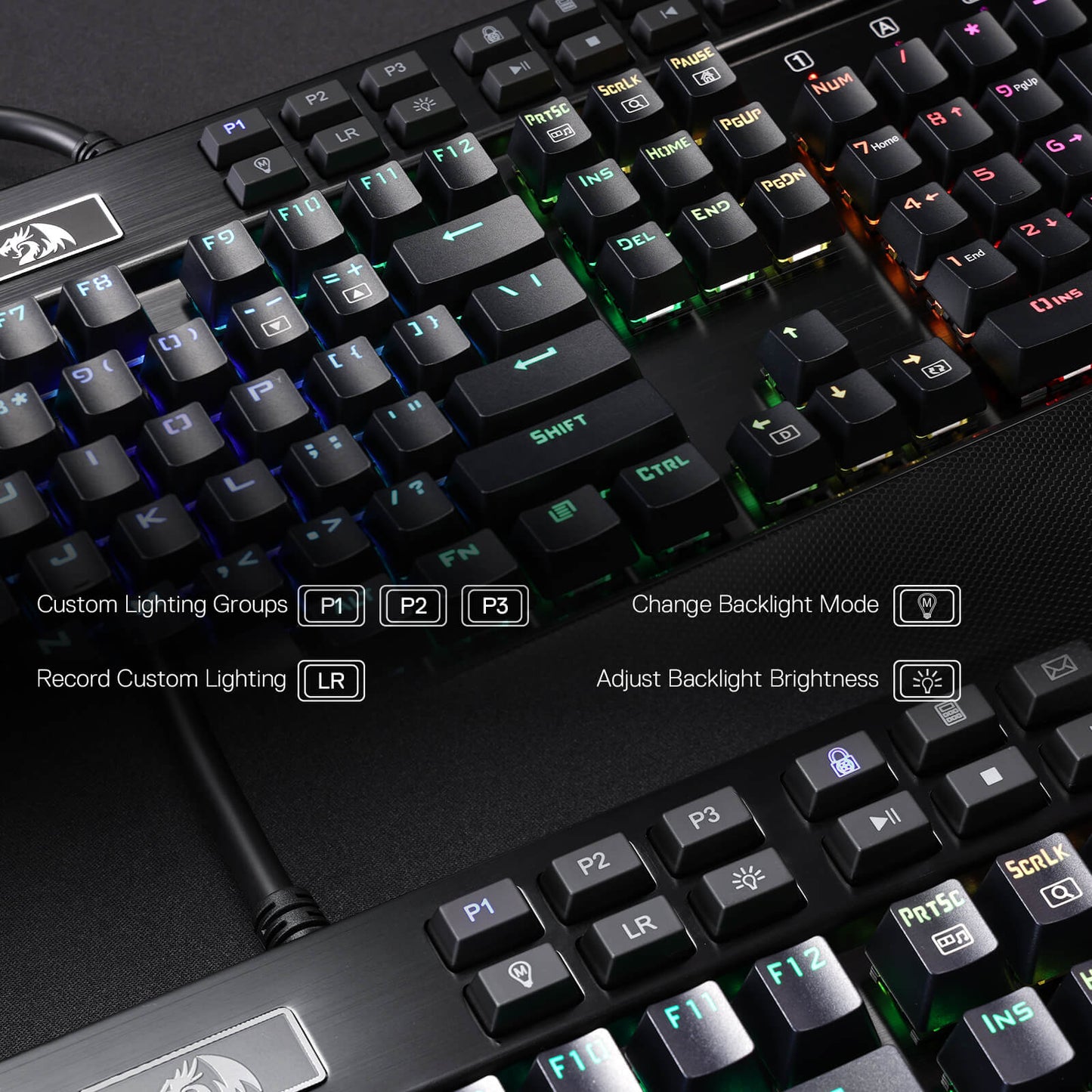 Redragon K550 RGB Gaming Keyboard, 104 Keys + 12 Macro G Keys Wired Mechanical Keyboard w/Aluminum Top Plate, Custom Clicky Purple Switch, Extra USB Port & Wrist Rest