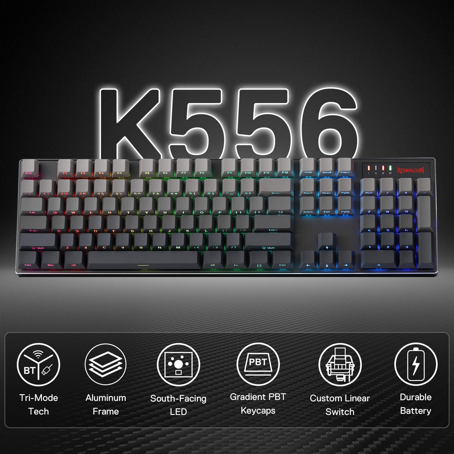 Redragon K556 PRO 104 Keys Wireless RGB Gaming Keyboard, Tri-Mode Aluminum Mechanical Keyboard w/Noise Dampening Layers, Hot-Swap South-Facing RGB Socket, Gradient PBT Keycaps & Custom Linear Switch