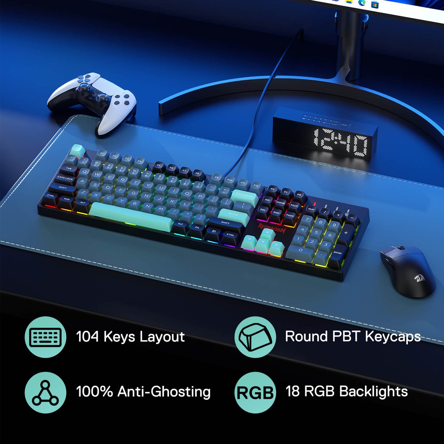 Redragon K582 SE Wired RGB Gaming Keyboard, 104 Keys Mechanical Keyboard w/Mixed Color Round PBT Keycaps, Dynamic 16.8M RGB Backlit & Linear Red Switch, Redefine Software Supported