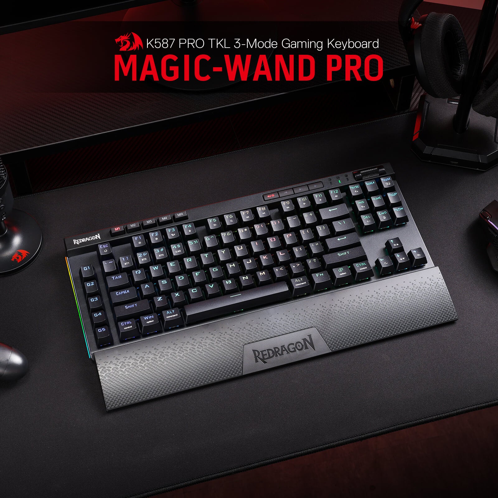 Redragon K587 PRO TKL RGB 3-Mode Wireless Mechanical 87 Keys Gaming Keyboard, 9 Dedicated Macro Keys, Media Control w/Detachable Wrist Rest, Hot-Swap Linear Red Switches