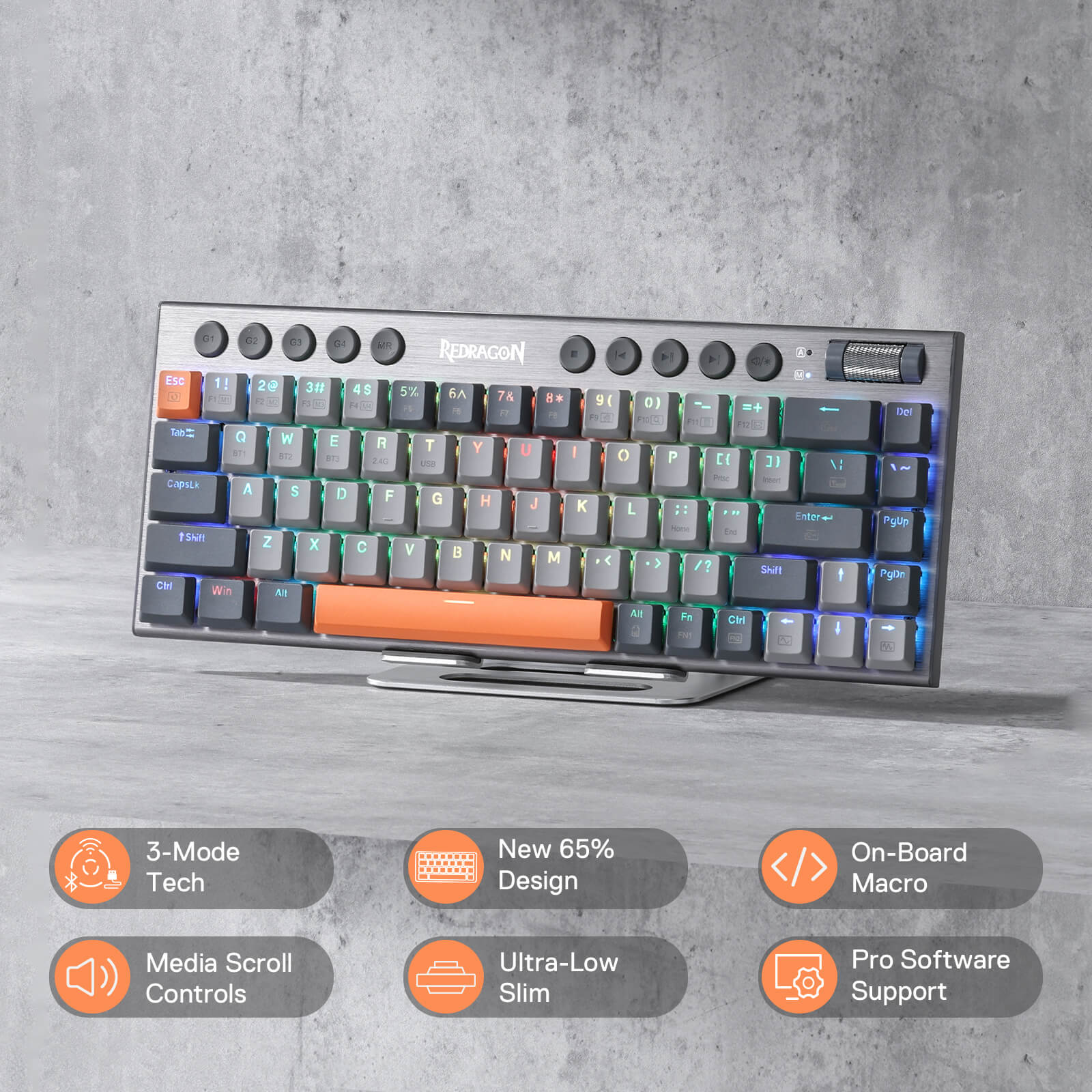Redragon K609 65% Wireless RGB Mechanical Keyboard, BT/2.4Ghz/Wired Tri-Mode Ultra-Thin Low Profile Gaming Keyboard, On-Board Macros, Dedicated Media Control & Linear Red Switch