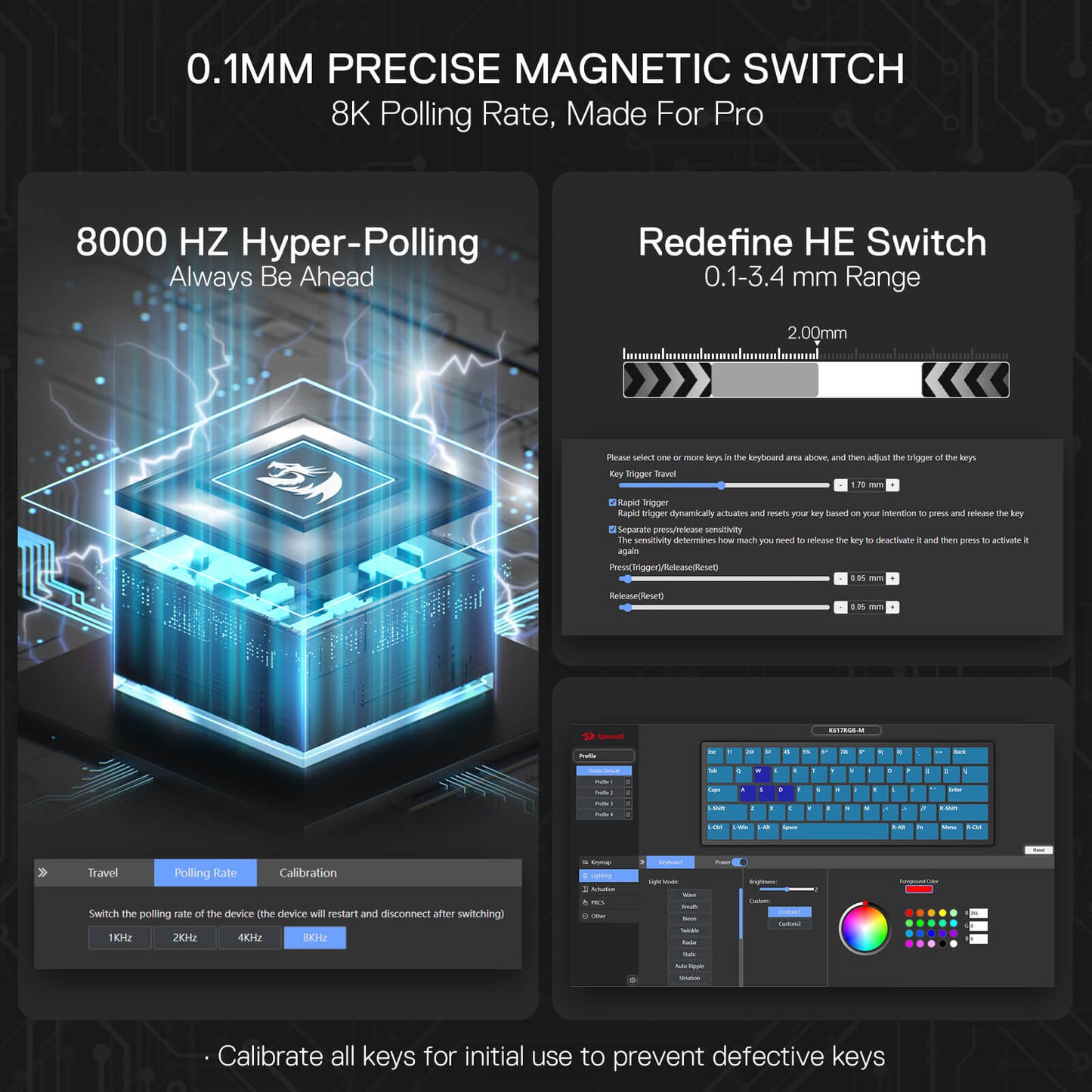 Advertisement for a 0.1mm precise magnetic switch with technical specifications and a keyboard interface.