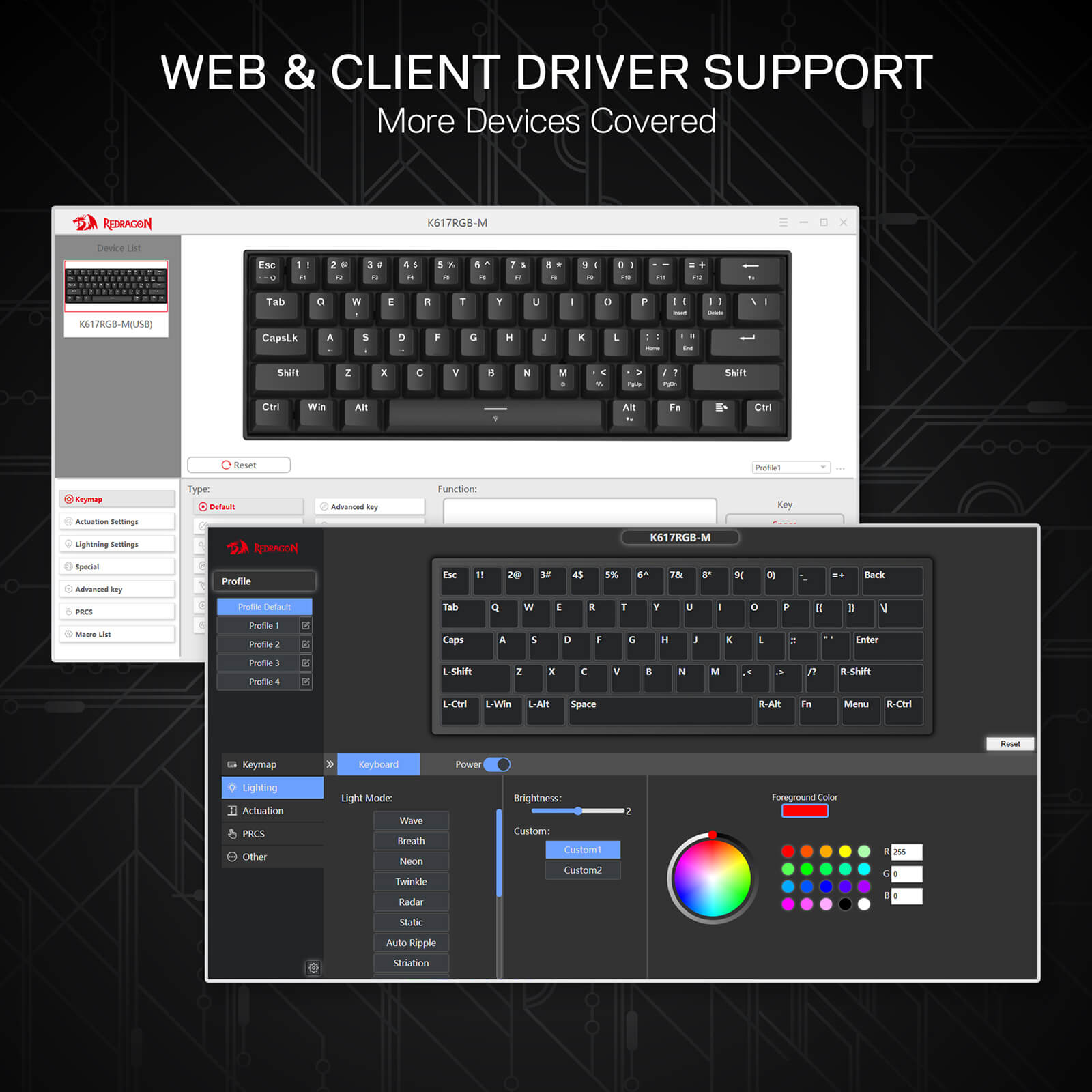 Software interface for keyboard customization with a focus on web and client driver support.