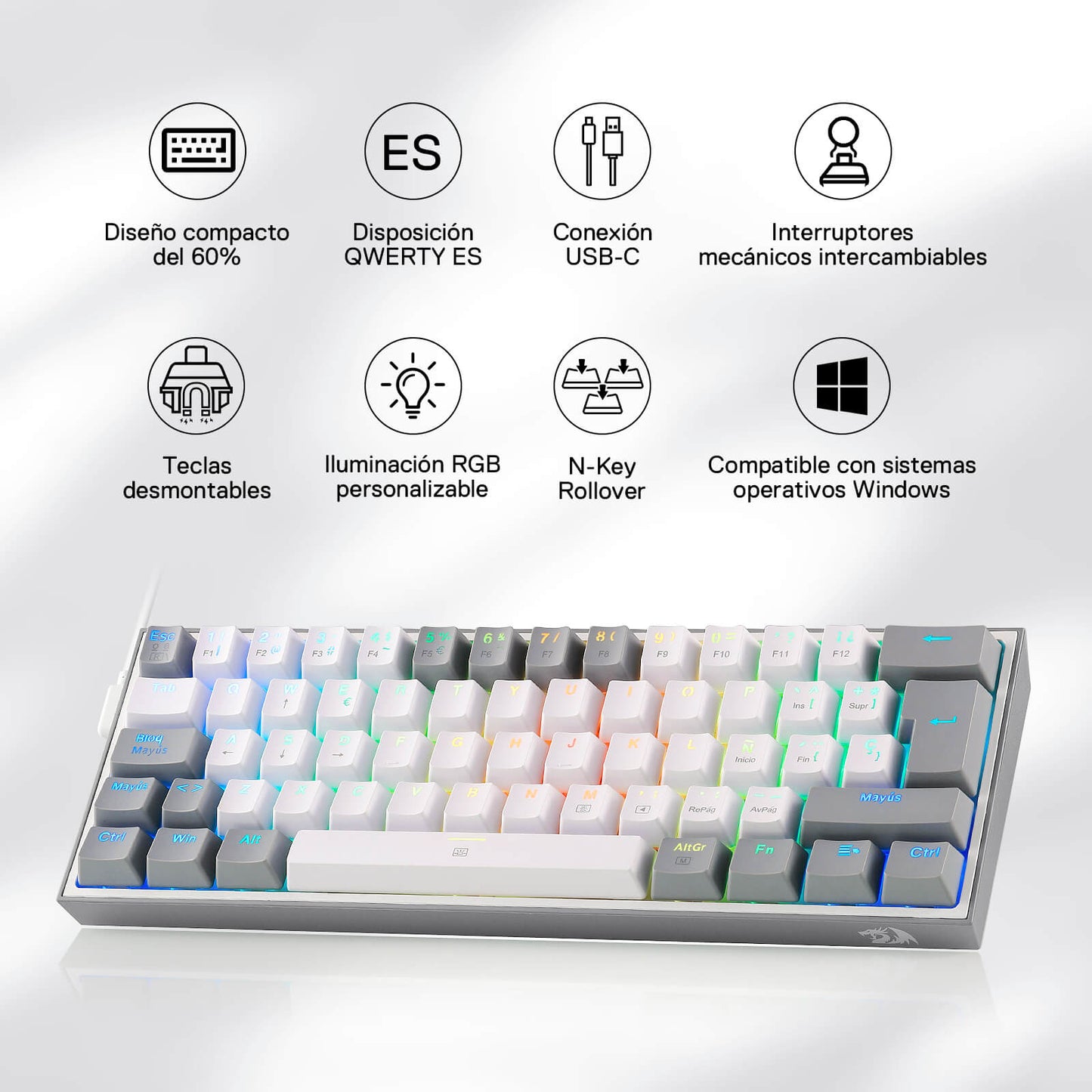 Redragon K617 Fizz 60% Disposición QWERTY ES Teclado Gaming, LED Iluminación Teclado para Juegos con Cable USB-C, Teclado Ultra-Compacto 62 Teclas, Hot Swap interruptores Rojos- para PC/Windows