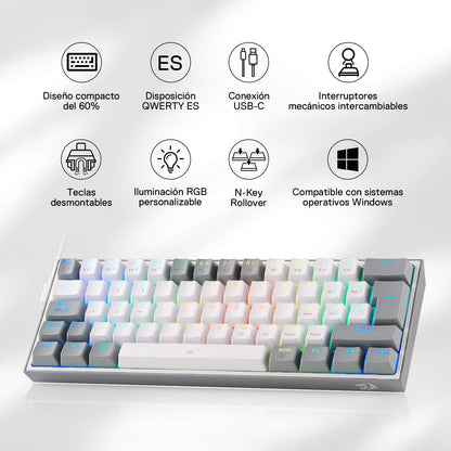 Redragon K617 Fizz 60% Disposición QWERTY ES Teclado Gaming, LED Iluminación Teclado para Juegos con Cable USB-C, Teclado Ultra-Compacto 62 Teclas, Hot Swap interruptores Rojos- para PC/Windows