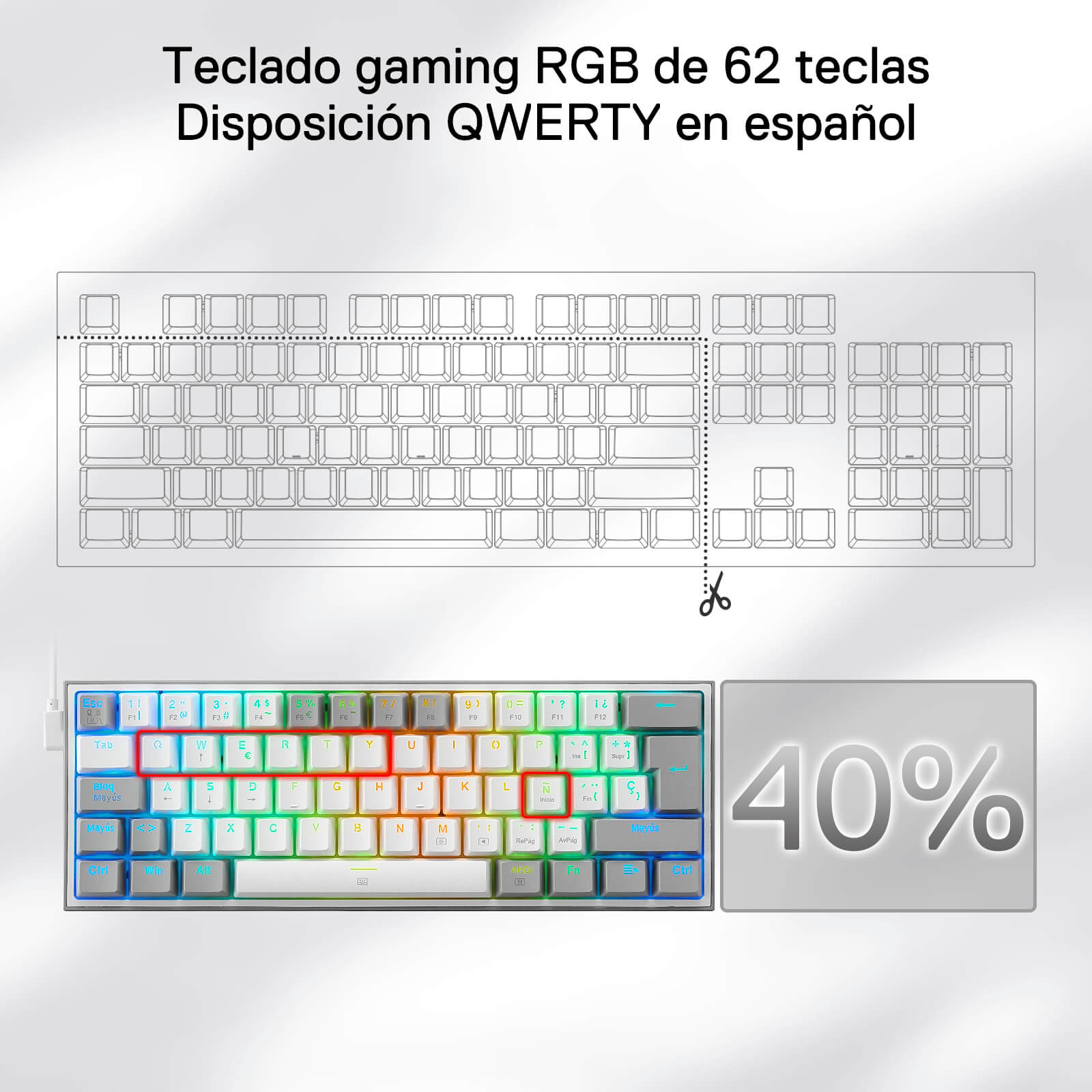 Redragon K617 Fizz 60% Disposición QWERTY ES Teclado Gaming, LED Iluminación Teclado para Juegos con Cable USB-C, Teclado Ultra-Compacto 62 Teclas, Hot Swap interruptores Rojos- para PC/Windows