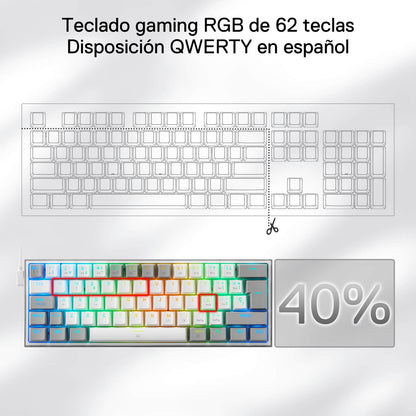 Redragon K617 Fizz 60% Disposición QWERTY ES Teclado Gaming, LED Iluminación Teclado para Juegos con Cable USB-C, Teclado Ultra-Compacto 62 Teclas, Hot Swap interruptores Rojos- para PC/Windows