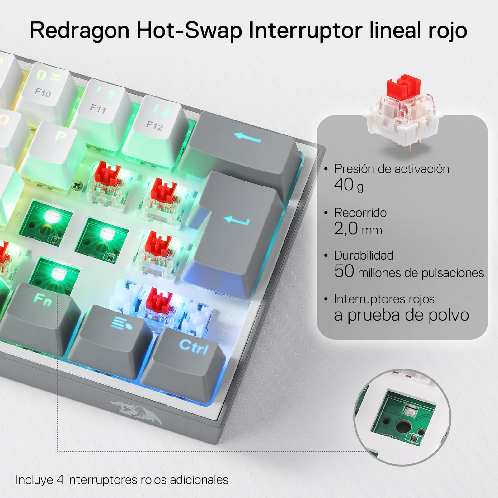 Redragon K617 Fizz 60% Disposición QWERTY ES Teclado Gaming, LED Iluminación Teclado para Juegos con Cable USB-C, Teclado Ultra-Compacto 62 Teclas, Hot Swap interruptores Rojos- para PC/Windows