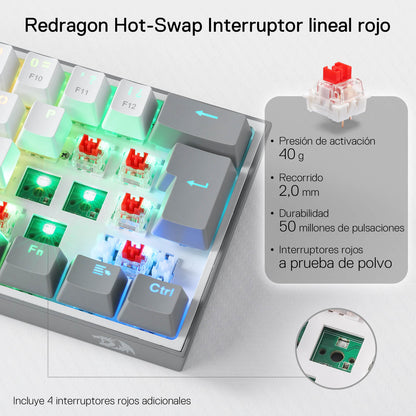 Redragon K617 Fizz 60% Disposición QWERTY ES Teclado Gaming, LED Iluminación Teclado para Juegos con Cable USB-C, Teclado Ultra-Compacto 62 Teclas, Hot Swap interruptores Rojos- para PC/Windows