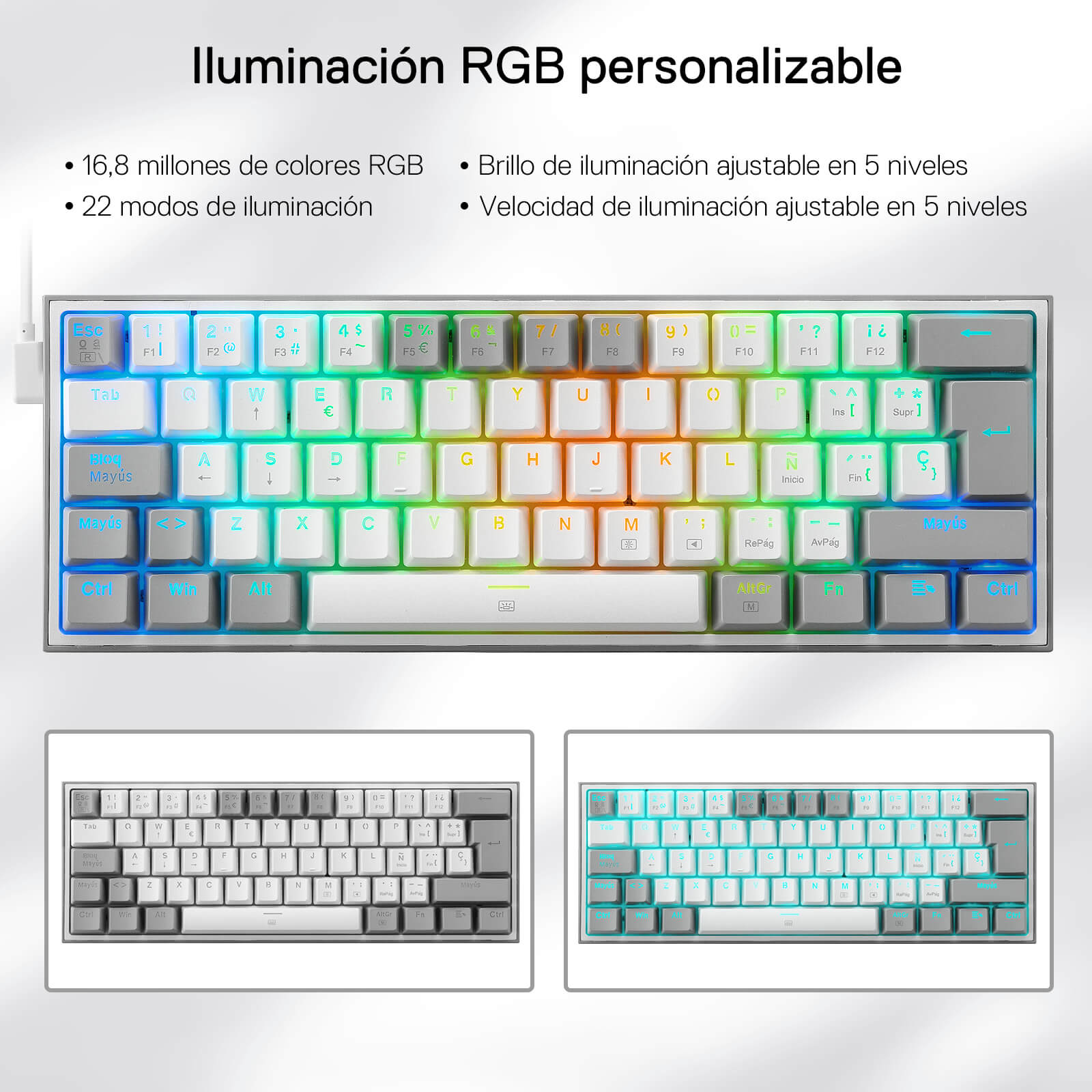 Redragon K617 Fizz 60% Disposición QWERTY ES Teclado Gaming, LED Iluminación Teclado para Juegos con Cable USB-C, Teclado Ultra-Compacto 62 Teclas, Hot Swap interruptores Rojos- para PC/Windows