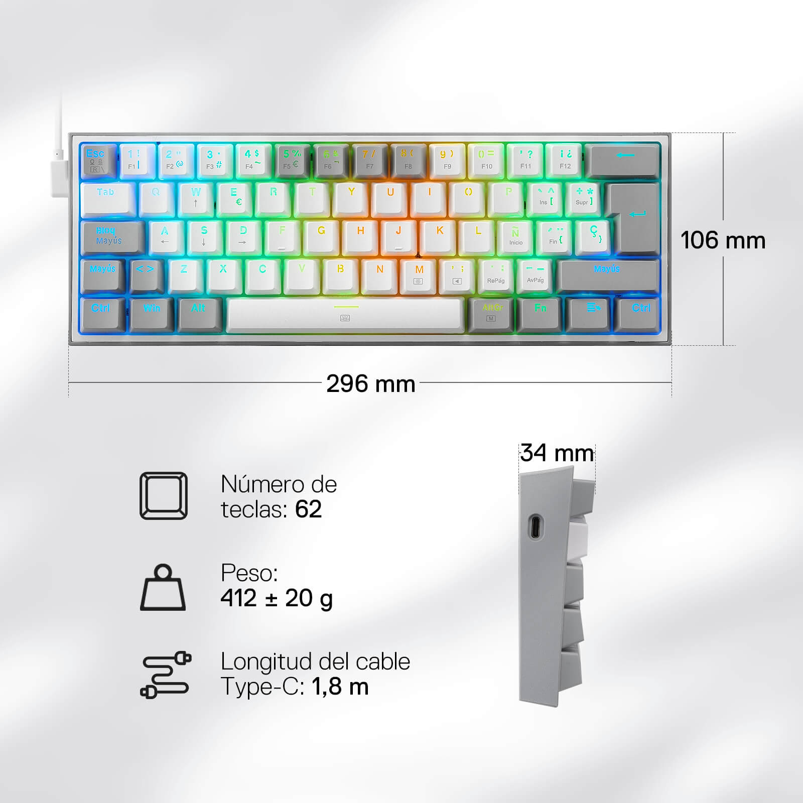 Redragon K617 Fizz 60% Disposición QWERTY ES Teclado Gaming, LED Iluminación Teclado para Juegos con Cable USB-C, Teclado Ultra-Compacto 62 Teclas, Hot Swap interruptores Rojos- para PC/Windows