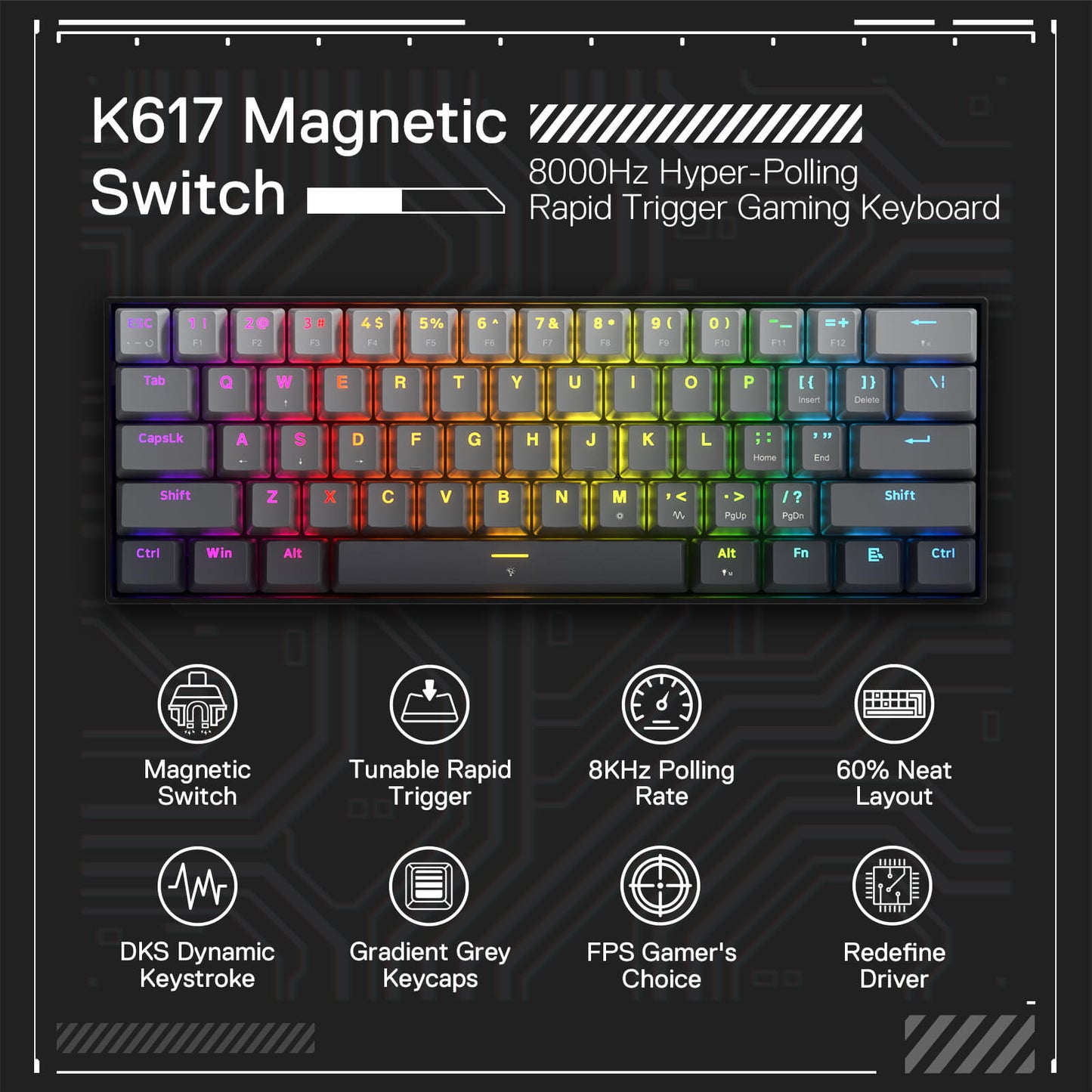 Redragon K617 Magnetic Switch Gaming Keyboard with 8000Hz Hyper-Polling and Rapid Trigger for Enhanced Gaming Performance