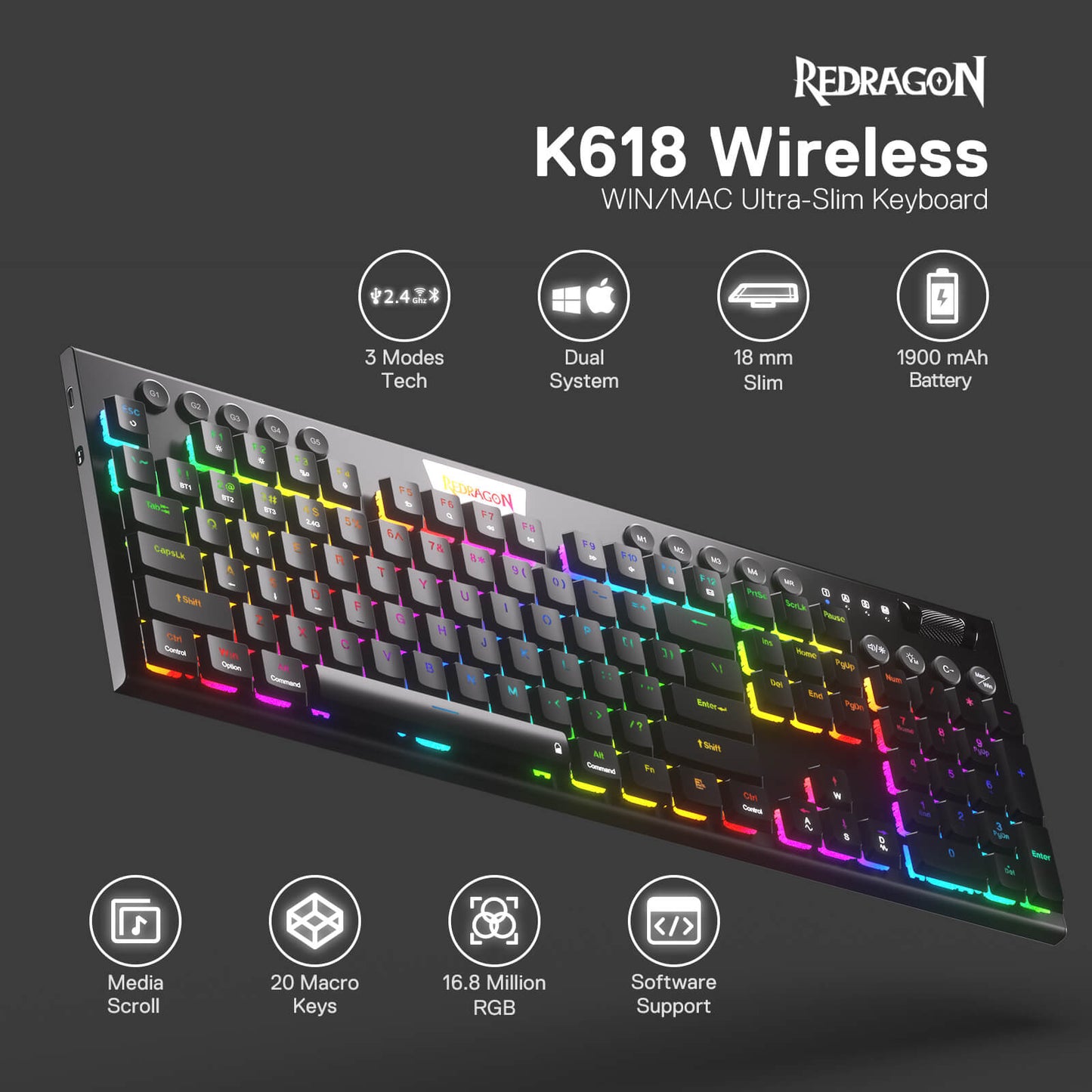 Redragon K618 wireless mechanical keyboard with dual-system support, ultra-slim design, 1900mAh battery, and RGB backlighting