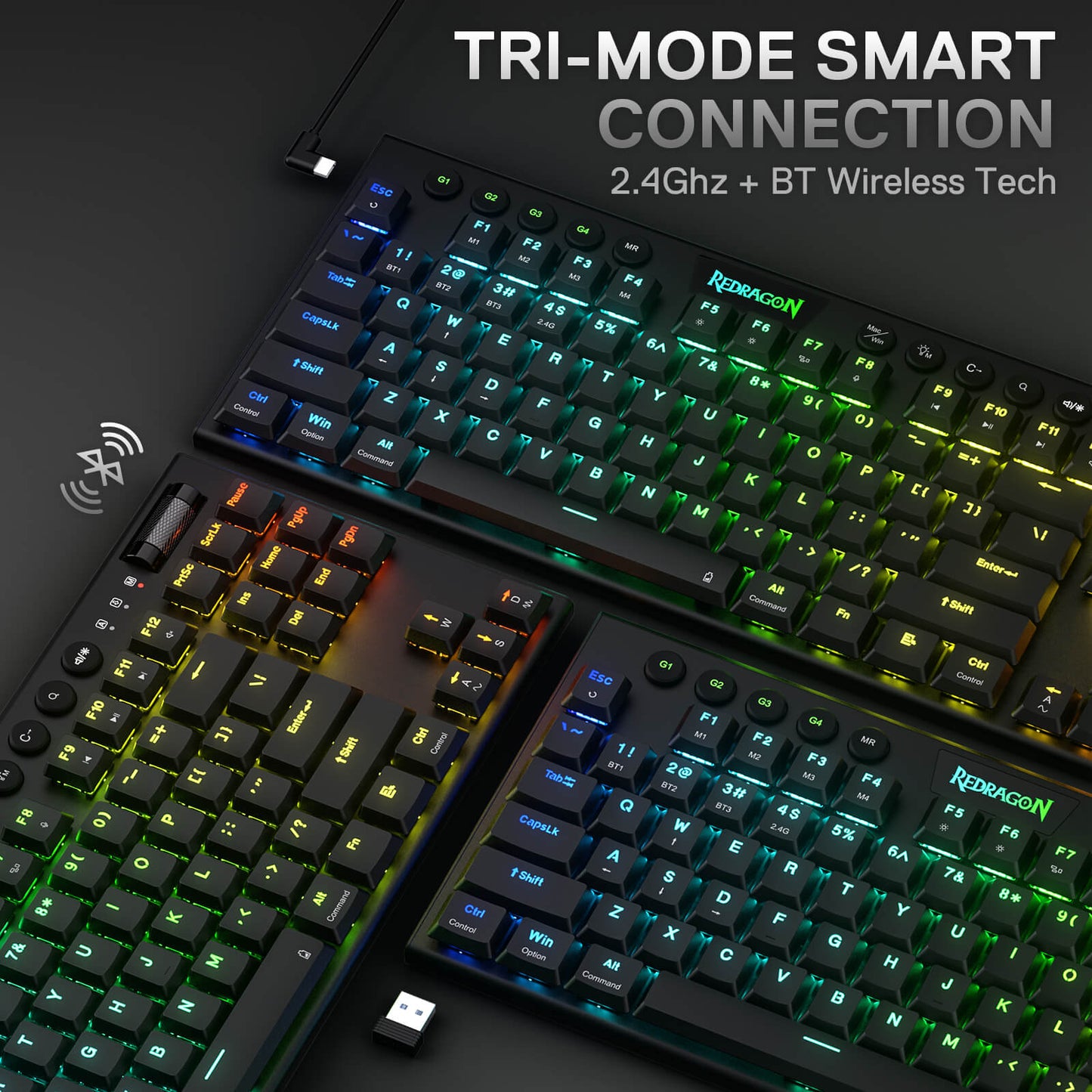 Redragon K621 Horus TKL Wireless RGB Mechanical Keyboard, 5.0 BT/2.4 Ghz/Wired Three Modes 80% Ultra-Thin Low Profile BT Keyboard w/Dedicated Media Control & Linear Red Switches