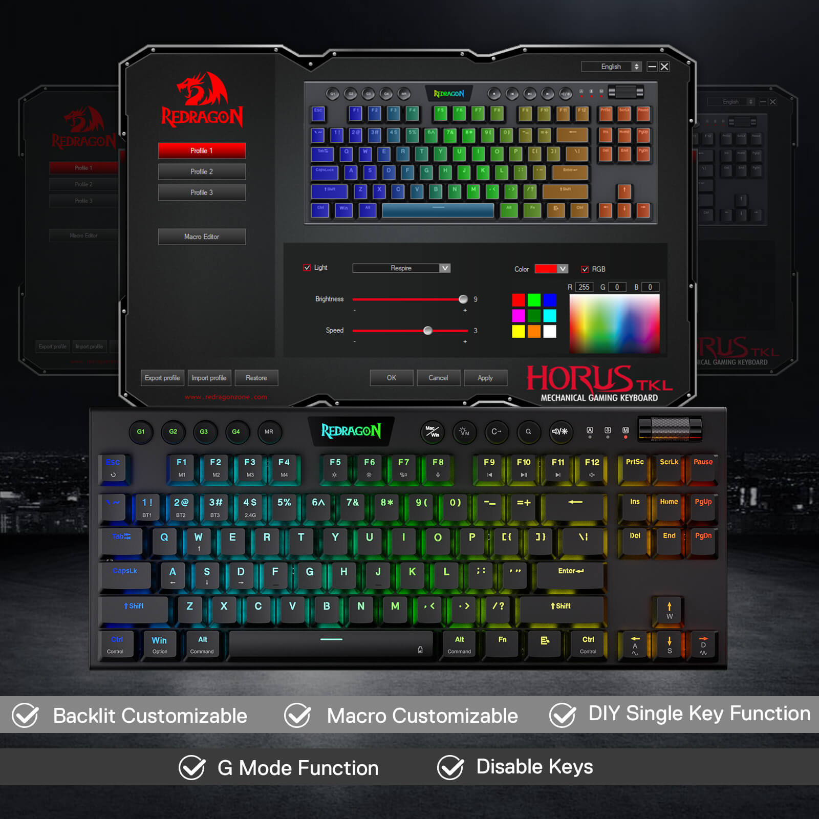 Redragon K621 Horus TKL Wireless RGB Mechanical Keyboard, 5.0 BT/2.4 Ghz/Wired Three Modes 80% Ultra-Thin Low Profile BT Keyboard w/Dedicated Media Control & Linear Red Switches