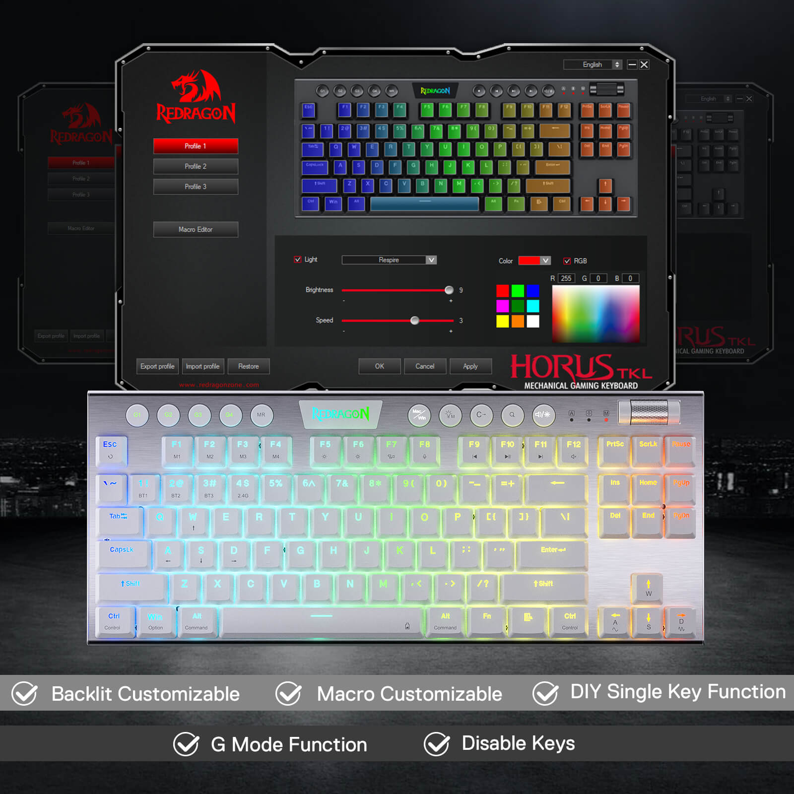 Redragon K621 Horus TKL Wireless RGB Mechanical Keyboard, 5.0 BT/2.4 Ghz/Wired Three Modes 80% Ultra-Thin Low Profile BT Keyboard w/Dedicated Media Control & Linear Red Switches