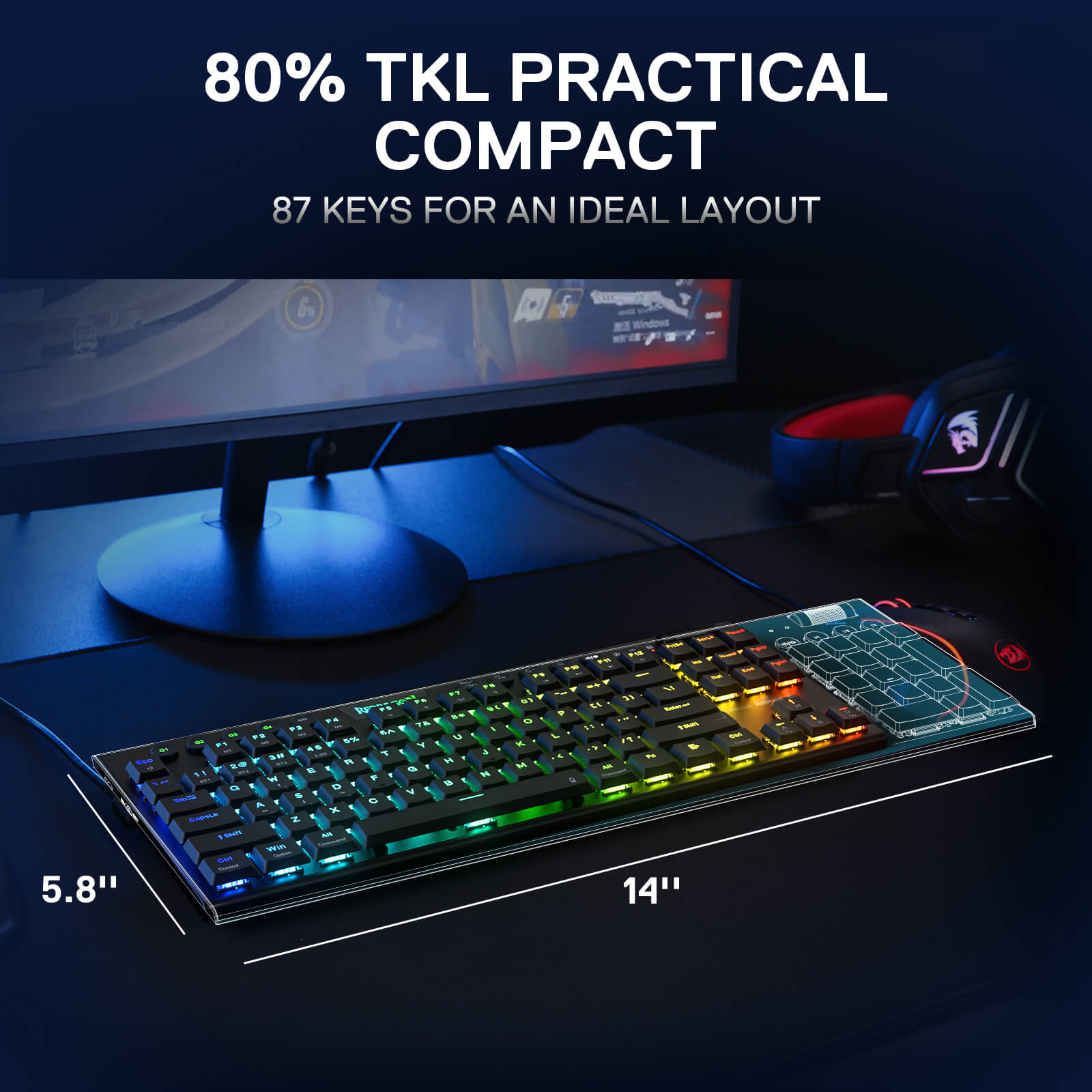 Redragon K621 Horus TKL Wireless RGB Mechanical Keyboard, 5.0 BT/2.4 Ghz/Wired Three Modes 80% Ultra-Thin Low Profile BT Keyboard w/Dedicated Media Control & Linear Red Switches