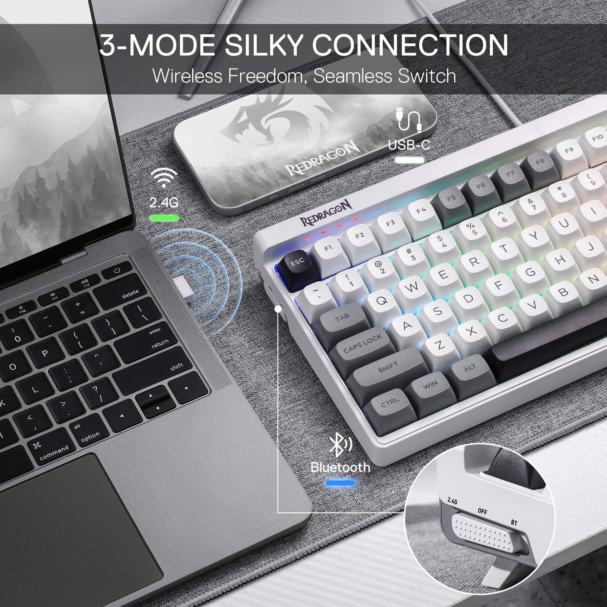 Redragon K656 PRO 3-Mode Wireless RGB Gaming Keyboard, 100 Keys Mechanical Keyboard w/Hot-Swappable Socket, 3 Noise Dampening Layers, PBT Round Keycaps & Custom Linear Switch, Moondust Gray
