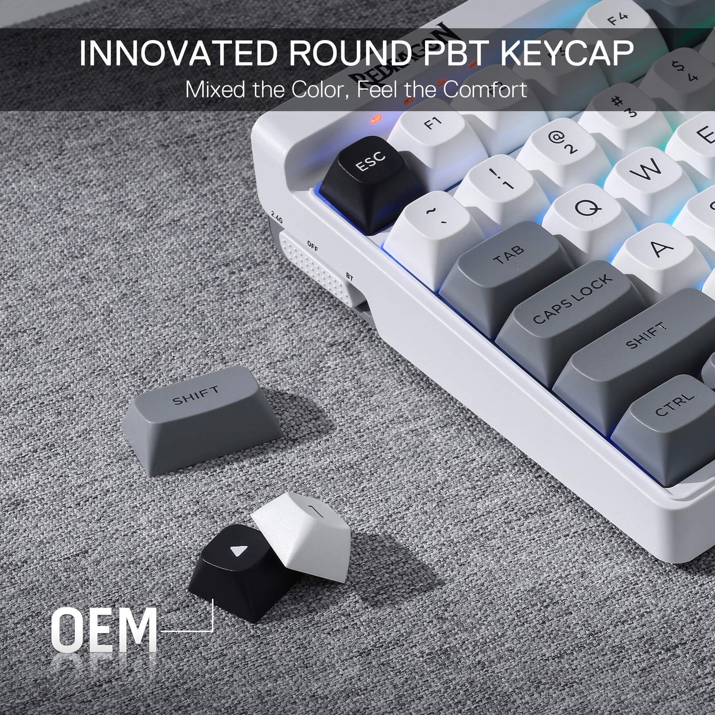 Redragon K656 PRO 3-Mode Wireless RGB Gaming Keyboard, 100 Keys Mechanical Keyboard w/Hot-Swappable Socket, 3 Noise Dampening Layers, PBT Round Keycaps & Custom Linear Switch, Moondust Gray